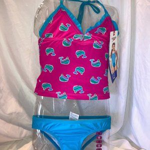NWT - Girls Speedo 2 Piece Bikini Bathing Suit Swimwear Sz 8 Pink Blue Whales